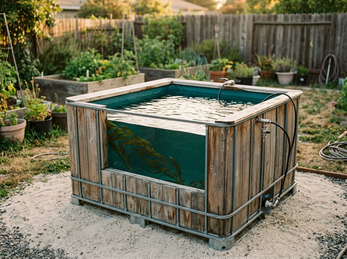 Backyard aquaculture IBC tank at golden hour